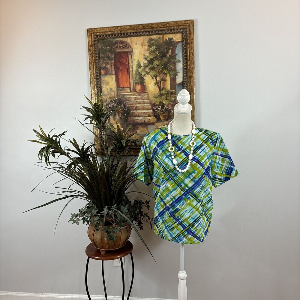 Kathie Lee Womens Plaid‎ 100% Polyester Blouse Size 12 Pullover Round Neck